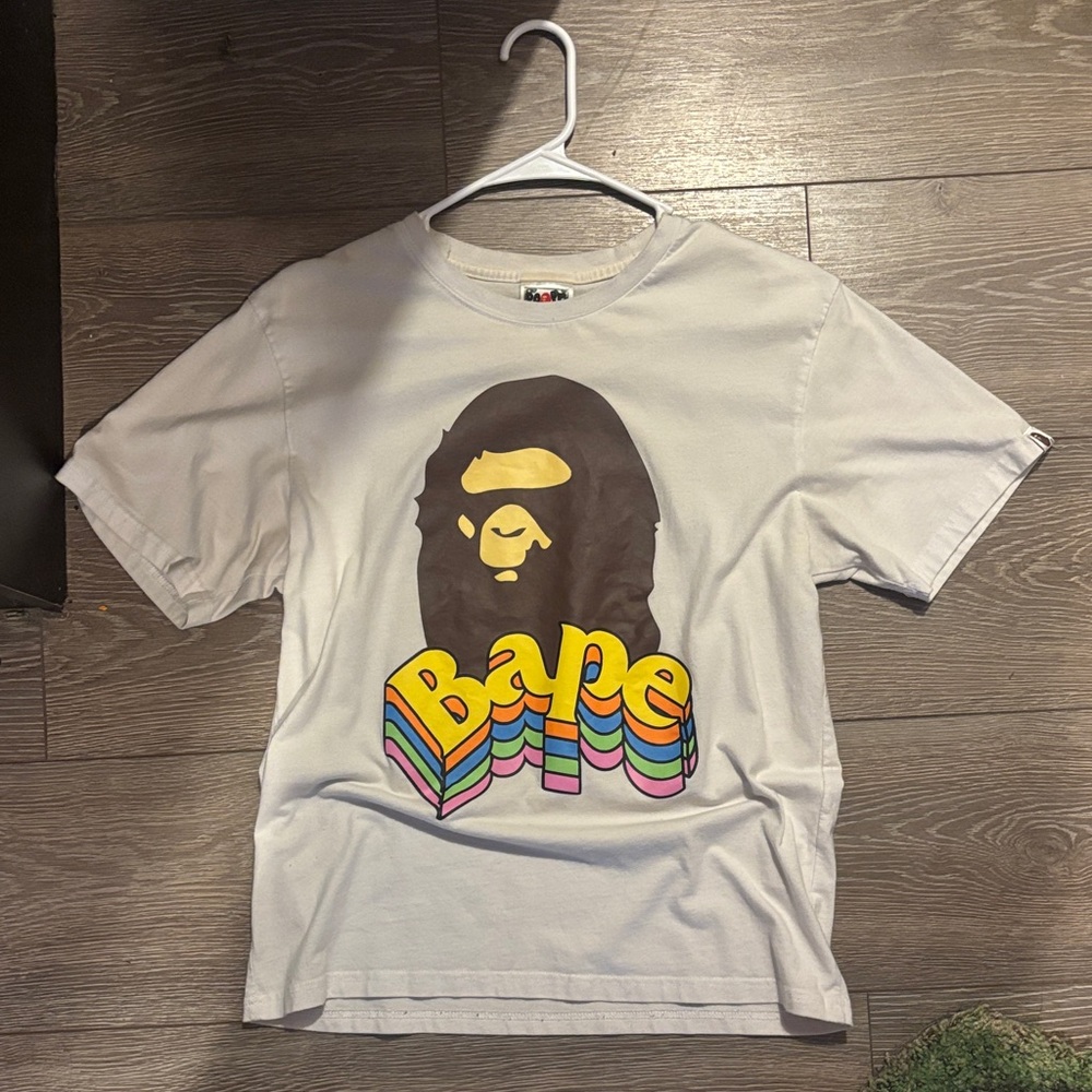 Bape White Tee with Brown and Multicolor Logo